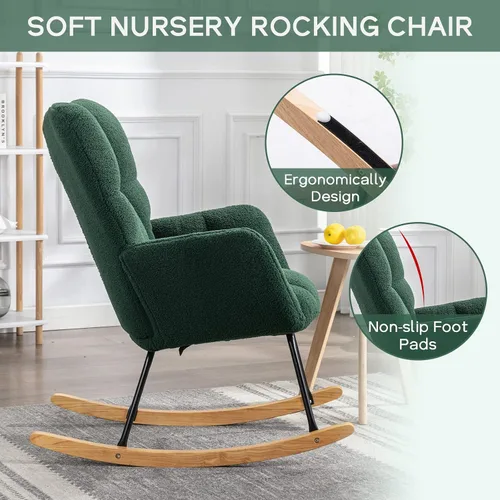 Vista 3 de Silla mecedora moderna para cuarto de bebé, silla deslizadora tapizada con respaldo alto, sillón de acento mecedor con patas de madera maciza