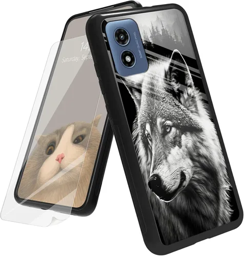 Vista 105 de Funda para Motorola Moto G Play 4G 2024 con protector de pantalla, parte trasera de vidrio templado + funda de silicona suave TPU absorción