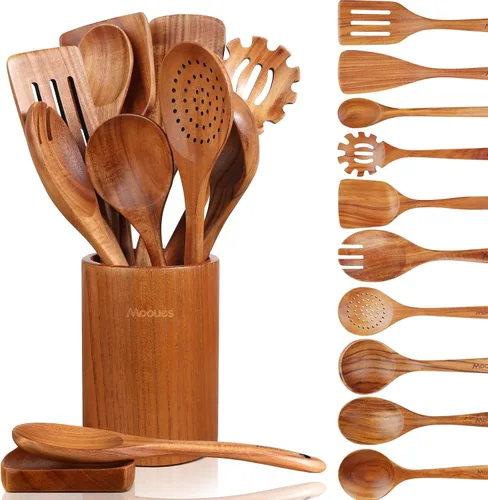 Vista 12 de Cucharón de madera para sopa, cucharón de madera de teca de 3 tamaños con ganchos traseros, cucharas de madera resistentes al calor para cocinar