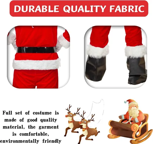 Vista 4 de Disfraz de Papá Noel para hombre, disfraz de Papá Noel rojo, 10 unidades, incluye sombrero, abrigo, pelucaguantes, pantalones, botas, cuerda