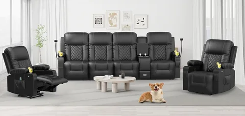 Vista 16 de YONISEE - Juego de sofá reclinable moderno - Sofá de 3 asientos y 1 silla reclinable giratoria con calor y masaje para sala de estar (3+1)