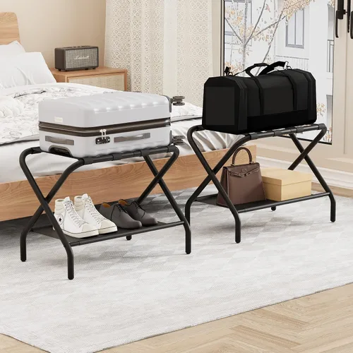 Vista 2 de Smuxee Portaequipajes Negro Paquete de 2, Soporte Plegable para Maletas con Estante de Almacenamiento de Tela, Portamaletas con 4 Correas de Nailon