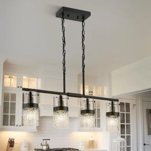 Vista 22 de LMS Lámpara colgante dorada, 1 luz colgante para isla de cocina con vidrio martillado, LMS-171