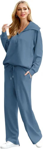 Vista 3 de XIEERDUO Conjuntos de descanso para mujer 2023 sudadera de gran tamaño con media cremallera y pantalón deportivo de pierna ancha de 2 piezas