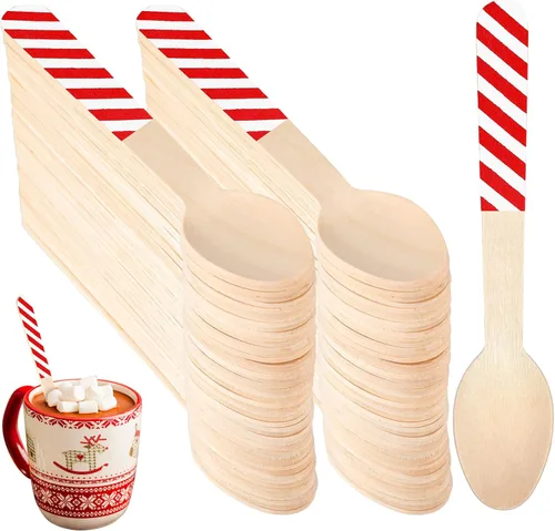 Vista 9 de Umigy 100 cucharas de madera desechables de 5.5 pulgadas, cucharas de madera desechables de Navidad con patrón de cuchara de madera para chocolate