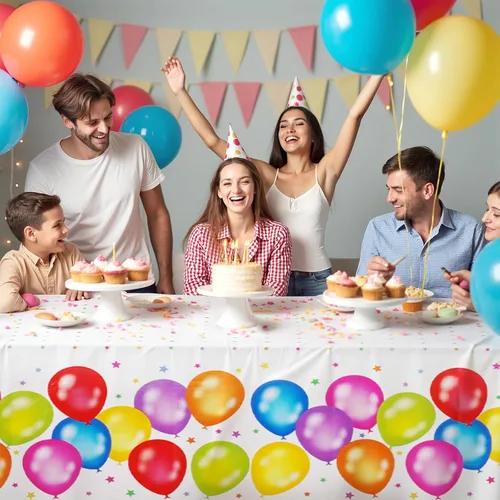 Vista 7 de Paquete de 3 manteles de globos coloridos, desechables, de plástico multicolor, 54 x 108 pulgadas, rectangular, para picnic, fiesta de cumpleaños