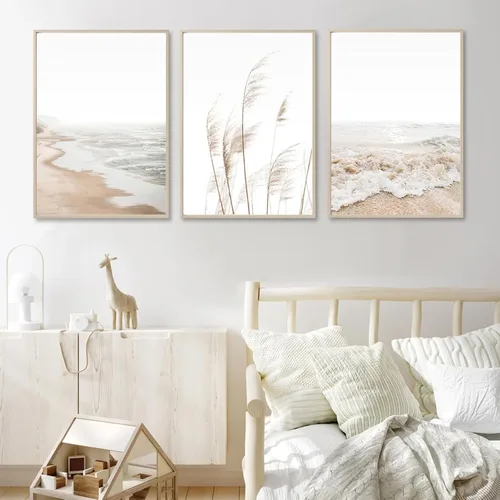 Vista 7 de Arte de pared de playa, impresiones bohemias, lienzo costero, decoración de pared, imágenes de playa, hierba de pampas, océano, póster de plantas