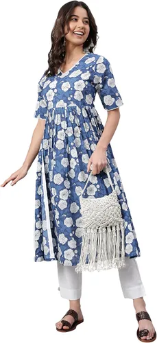 Vista 3 de Janasya Indian Women's Dark Blue Cotton Floral Print Flared Kurta