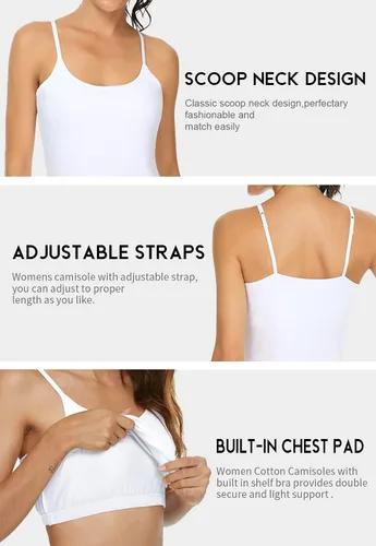 Vista 4 de Orrpally Women Cotton Camisole Shelf Bra Cami Tank Tops Adjustable Spaghetti Strap Tank Top 3-Pack