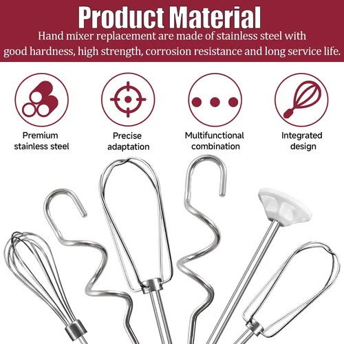 Vista 2 de Accesorios de batidor para batidora de mano para Kitchenaid, batidor, ganchos para amasar y varilla para mezclar líquidos, accesorios de acero