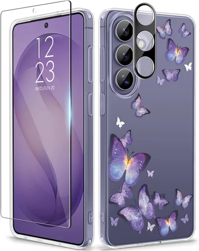 Vista 97 de GVIEWIN Funda protectora para Samsung Galaxy S25, transparente floral, delgada, a prueba de golpes, para mujer, no se pone amarilla, con protector