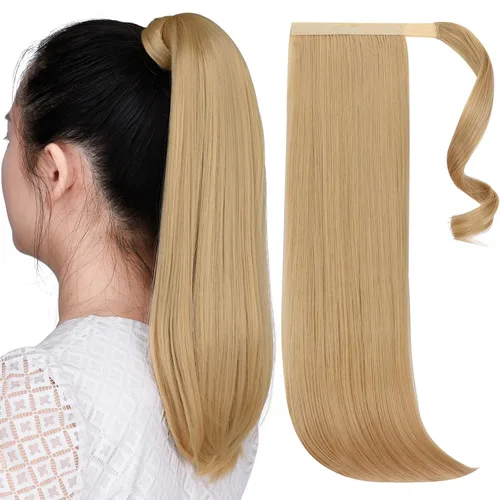 Vista 33 de Extensiones de cola de caballo, extensión de cola de caballo negra de 16 pulgadas, corta, ondulada, rizada, envolvente, resistente al calor