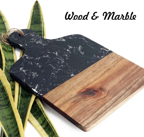 Vista 8 de Tabla de cortar con mármol y madera natural, tabla de servir para frutas de bistec con asa, tabla de cortar para pan como bandejas para servir Negro