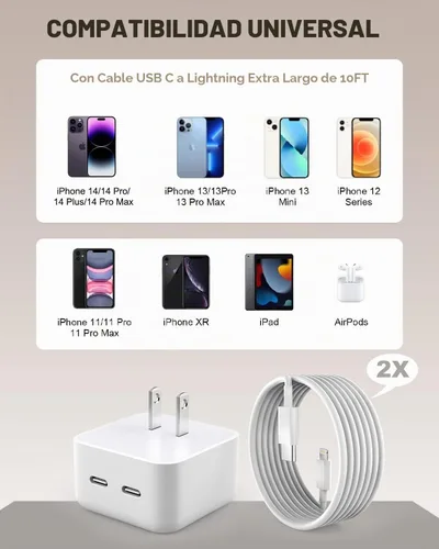 Vista 6 de Cargador rápido para iPhone, cargador de pared rápida USB-C dual de 40 W, carga de 10 pies, paquete de 2 cables Lightning extralargos de 10