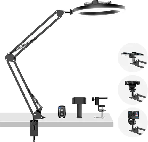Vista 9 de LUXSURE Trípode de luz de anillo para iPhone, anillo de luz con soporte y soporte para teléfono, soporte de cámara LED con ruedas, trípode