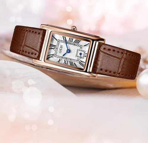 Vista 7 de FANMIS Womens Vintage Rectangular Watches Rose Gold Case Roman Numeral Luxury Wristwatch Square Brown Leather Strap Watch