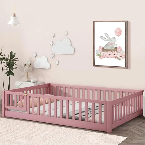 Vista 14 de Tatub Cama de suelo individual con barandillas de seguridad y puerta y listones, marco de cama Montessori de madera para niños y niñas, tamaño Gris
