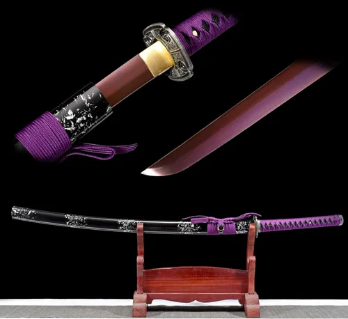 Vista 7 de Katana morada hecha a mano de espiga completa samurái japonesa larga espada de anime cuchillo de 41 pulgadas