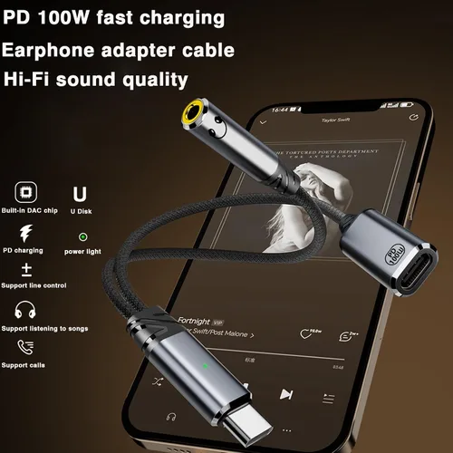 Vista 2 de Adaptador USB C a auriculares y cargador de 0.138 in, adaptador de audio USB C a auxiliar 2 en 1 con carga rápida PD 3.0 de 60 W, chip DAC