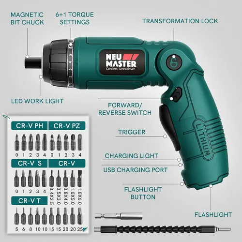 Vista 6 de NEU MASTER Destornillador inalámbrico, destornillador eléctrico de 4 V, destornillador eléctrico recargable con mango giratorio, luz LED delantera