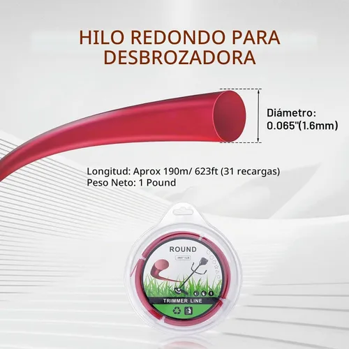 Vista 3 de Hipa Línea de recortadora de cuerda de 1 libra de 1.6mm/ 065 de 636 pies redonda para recortadora eléctrica inalámbrica universal de césped