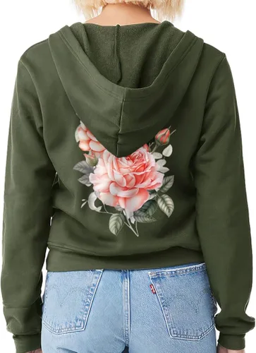 Vista 2 de Pink Rose Women's Zip Hoodie - Flower Print Hooded Sweatshirt - Illustration Hoodie