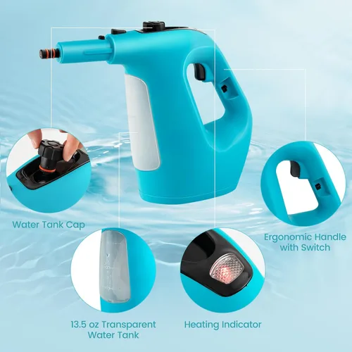 Vista 9 de Goplus Limpiador de vapor de mano, limpiador de vapor presurizado de 1400 W con vapor continuo con tiempo de uso ilimitado, tanque de agua de 13.5