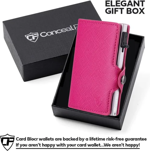 Vista 4 de Conceal Plus - Cartera Card Blocr para mujer, bloqueo RFID, delgada, minimalista, tarjetero, saffiano, poliuretano, rosa