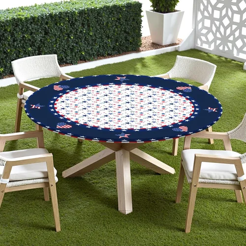 Vista 5 de Mantel redondo ajustable para el 4 de julio con borde elástico, impermeable, lavable, azul, rojo, blanco, estrella, patriótica, independencia, Día
