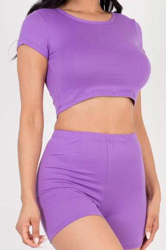 Vista 4 de EDGELULU Conjunto de 2 piezas para mujer, camiseta corta de manga corta y pantalones cortos de cintura elástica, elástico, suave, traje deportivo