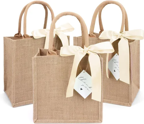 Vista 12 de Paquete de 6 bolsas de arpillera con asas reutilizables, mini bolsas de regalo de yute con cintas de seda azules, forro impermeable para bodas