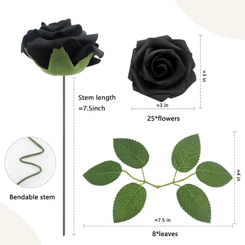 Vista 2 de 25 rosas realistas negras, flores artificiales de espuma de látex con tallos flexibles y 8 hojas para decoración de bodas, hogar y fiestas Negro