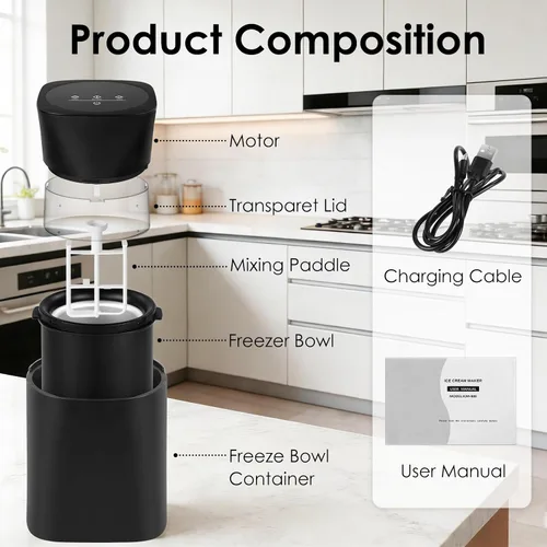 Vista 4 de KITOART Máquina para hacer helados, mini máquina eléctrica de alta calidad para helados, sorbetes y yogur congelado, funcionamiento de bajo ruido