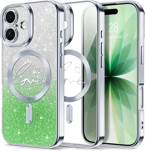 Vista 111 de Hython Funda para iPhone Air con purpurina, compatible con MagSafe Love Heart fundas magnéticas transparentes para teléfono para mujeres y niñas