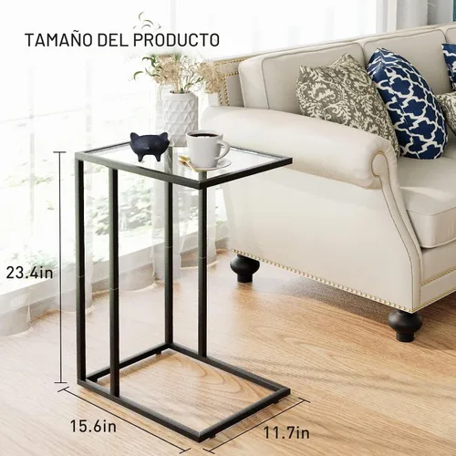 Vista 3 de Mesa auxiliar en forma de C, mesa auxiliar pequeña para sofá, mesa auxiliar de vidrio templado con marco de metal para espacios pequeños, sala