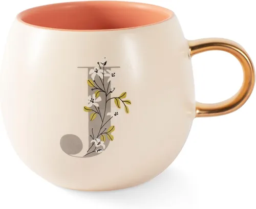 Vista 9 de Fringe Studio Taza Redonda de Gres, Monograma Floral Letra "E" 3.38" DIA. X 3.5"H, 14 fl.oz., con Asa Dorada Pintada a Mano (428047)