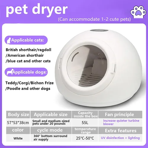 Vista 7 de Caja secadora de mascotas para gatos y perros pequeños, secador automático de pelo para perros, 360° 3D viento natural, caja de secadora automática