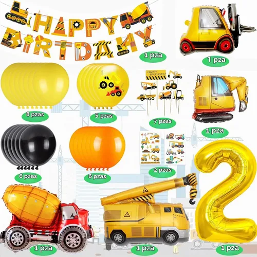 Vista 2 de Suministros de Cumpleaños de Construcción para Niños de 2 Años - Kit de Guirnalda de Globos para Decoraciones de Fiesta de Cuarentena Construction