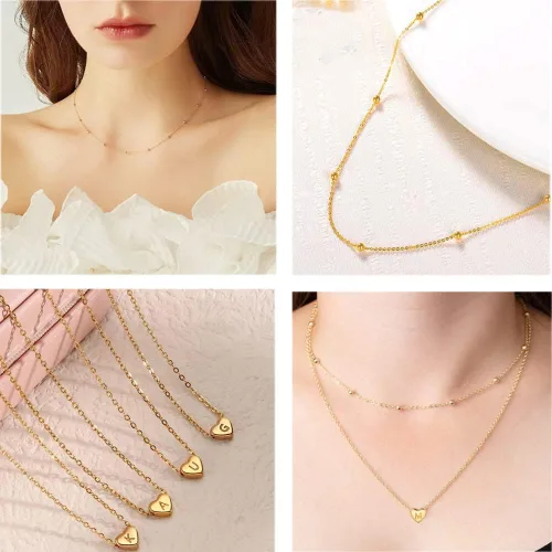 Vista 5 de WanBigVa Collar con inicial en capas de oro para mujer, hecho a mano, chapado en oro de 14 quilates, collar con dije de corazón pequeño, collar