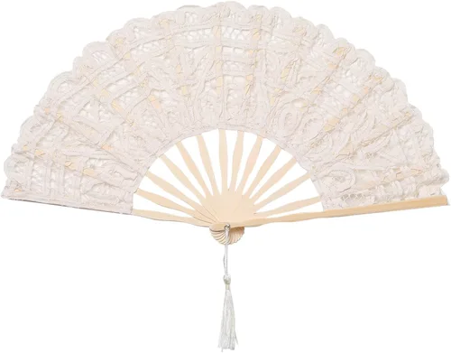 Vista 9 de BABEYOND - Abanico plegable de encaje de algodón con bordado, abanico de mano nupcial con astas de bambú para decoración de boda, baile y fiesta