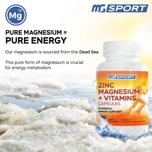 Vista 6 de MgSport ZMA Suplemento con zinc y magnesio clínicamente probado para alta absorción - Mejorado con vitaminas B6 B9 para la recuperación muscular