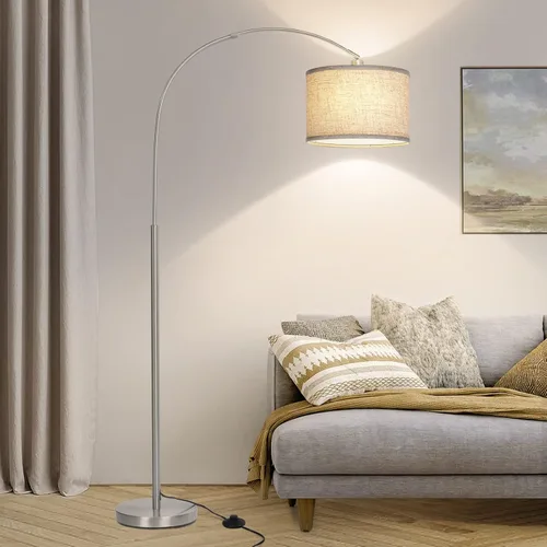 Vista 8 de Lámpara de pie de ratán, lámparas de pie de arco para sala de estar, lámpara de pie de granja con pantalla de tela colgante ajustable, lámpara