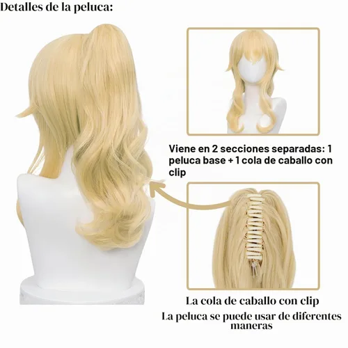 Vista 3 de SL Peluca de cola de caballo rubia ondulada para cosplay de Jean, pelucas de princesa dorada con colas de caballo, flequillos + gorra de peluca