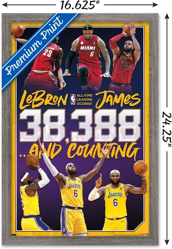 Vista 3 de NBA League - Póster de pared de LeBron James All-Time Scoring Leader, 22.4 pulgadas de largo x 14.7 pulgadas de ancho, versión enmarcada de madera