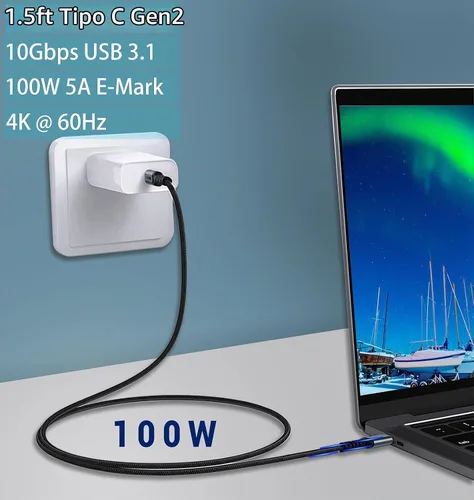 Vista 2 de Cable corto USB C a USB C (paquetes de 2 paquetes de 1.5 pies), 3.1 Gen 2 10Gbps 100W 4K USBC Video Cable de carga rápida de transferencia de datos