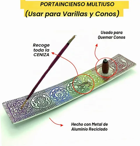 Vista 5 de Soporte de incienso de metal para palos y cono, 7 chakras, bandeja
