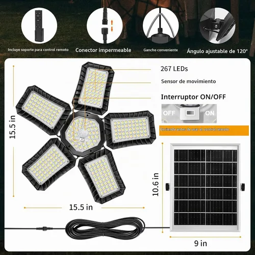 Vista 6 de Luz solar de cobertizo para interiores y exteriores, Aqonsie - Lámpara colgante solar de gran tamaño con sensor de movimiento de 267 LED, funciona