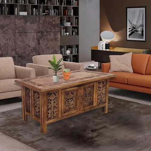 Vista 5 de Lightnpro - Mesa de centro de madera hecha a mano – Mesa central rectangular plegable premontada para sala de estar con revistas y almacenamiento