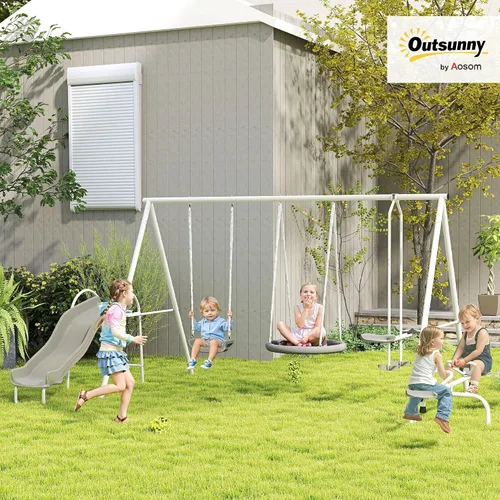 Vista 2 de Outsunny Juego de columpios de metal de 693 libras para niños, juego de Gris