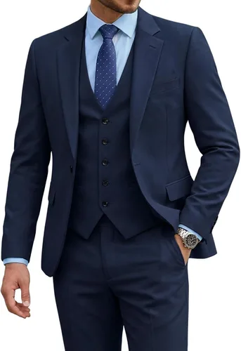 Vista 22 de Traje de 3 piezas para hombre con corbata, chaleco sólido de un botón y beige (529-beige)